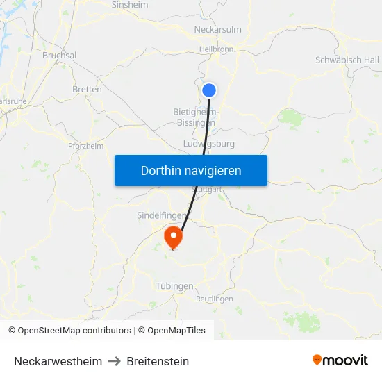 Neckarwestheim to Breitenstein map