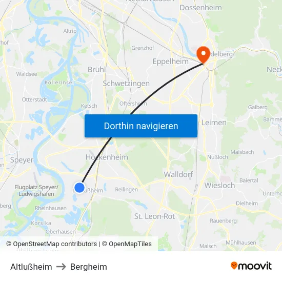 Altlußheim to Bergheim map