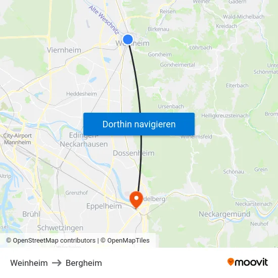 Weinheim to Bergheim map