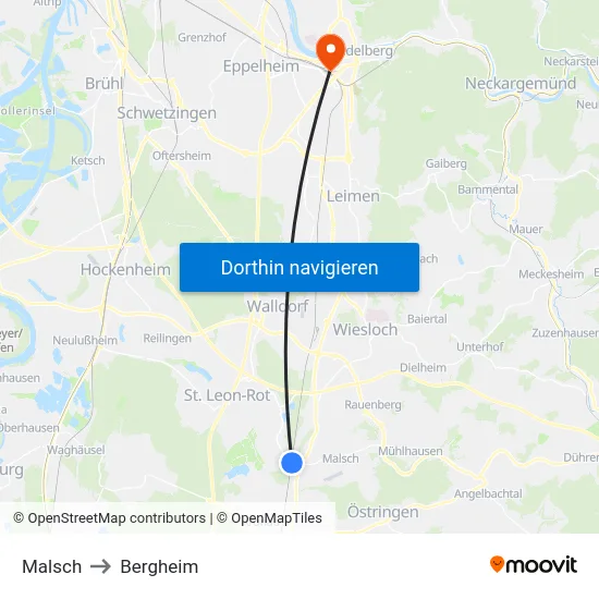 Malsch to Bergheim map