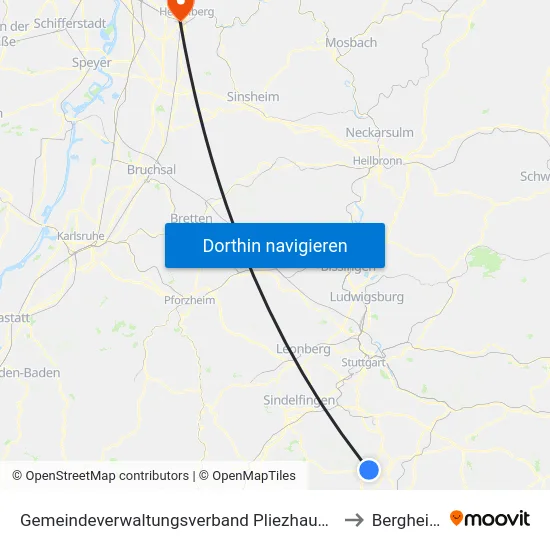 Gemeindeverwaltungsverband Pliezhausen to Bergheim map