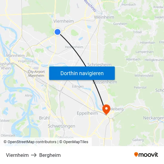 Viernheim to Bergheim map