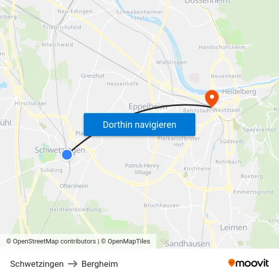 Schwetzingen to Bergheim map