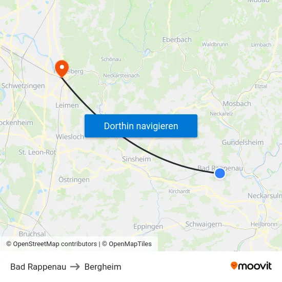 Bad Rappenau to Bergheim map
