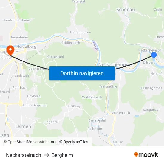Neckarsteinach to Bergheim map