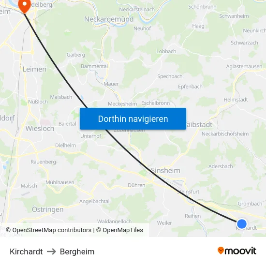 Kirchardt to Bergheim map