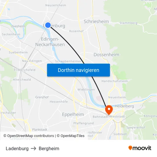 Ladenburg to Bergheim map