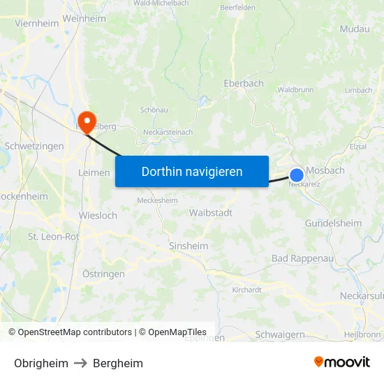 Obrigheim to Bergheim map