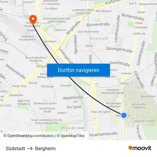 Südstadt to Bergheim map