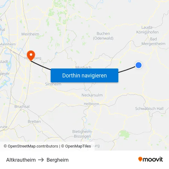 Altkrautheim to Bergheim map