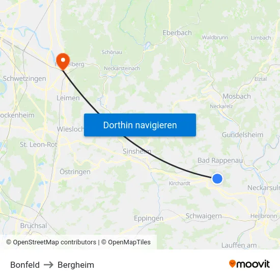 Bonfeld to Bergheim map