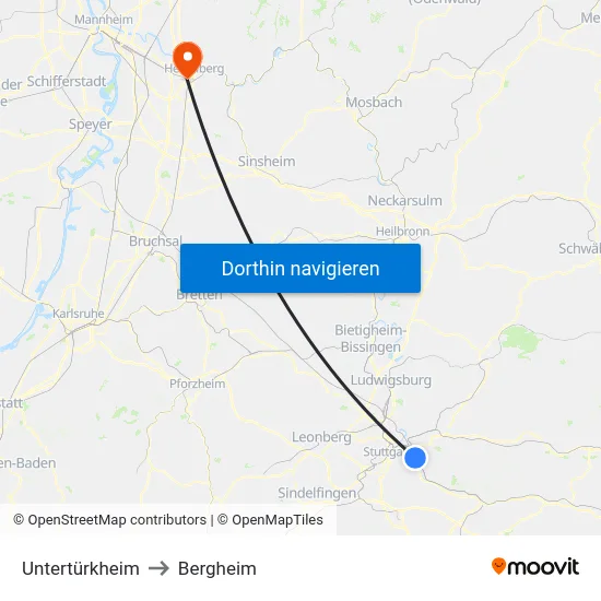 Untertürkheim to Bergheim map
