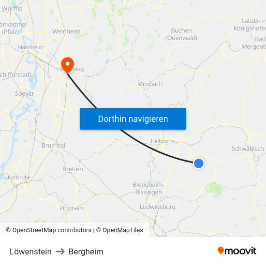 Löwenstein to Bergheim map