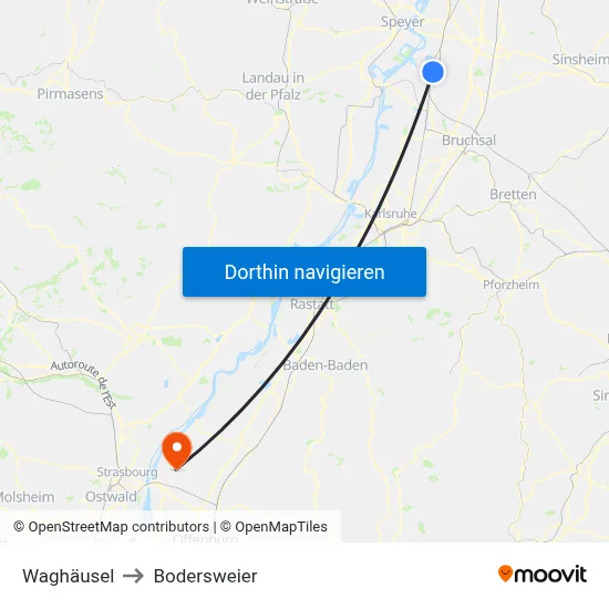 Waghäusel to Bodersweier map