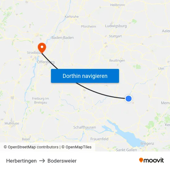 Herbertingen to Bodersweier map