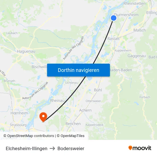Elchesheim-Illingen to Bodersweier map