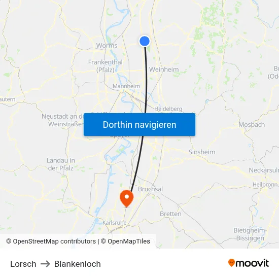 Lorsch to Blankenloch map