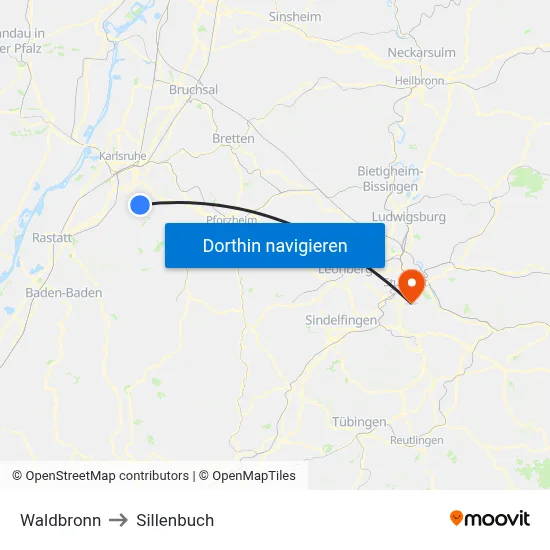 Waldbronn to Sillenbuch map