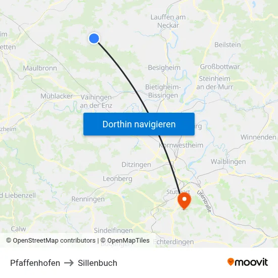 Pfaffenhofen to Sillenbuch map