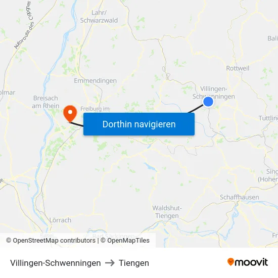 Villingen-Schwenningen to Tiengen map