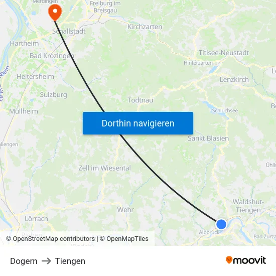 Dogern to Tiengen map
