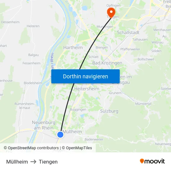 Müllheim to Tiengen map