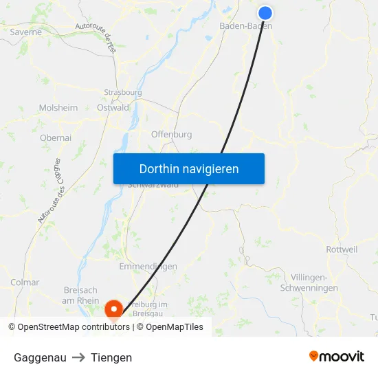 Gaggenau to Tiengen map