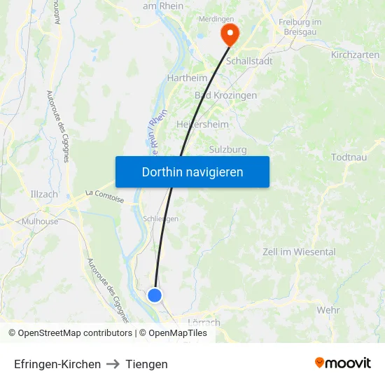 Efringen-Kirchen to Tiengen map