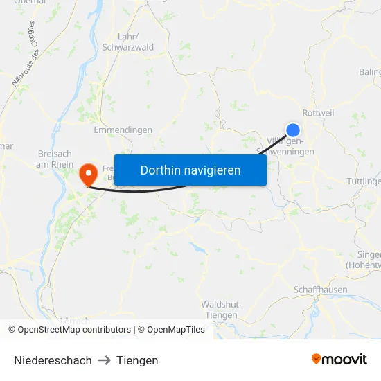 Niedereschach to Tiengen map