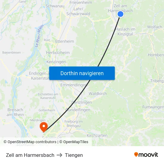 Zell am Harmersbach to Tiengen map