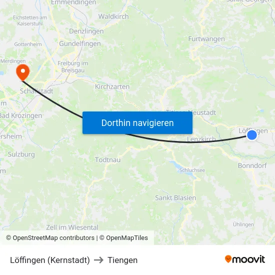Löffingen (Kernstadt) to Tiengen map