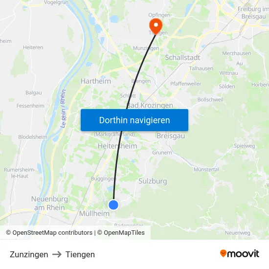 Zunzingen to Tiengen map