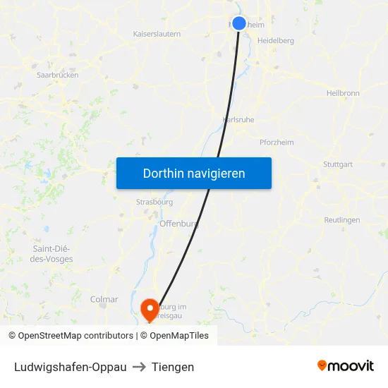 Ludwigshafen-Oppau to Tiengen map