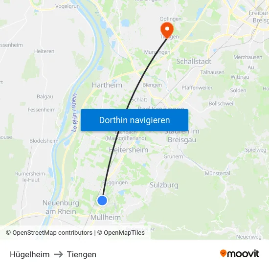 Hügelheim to Tiengen map