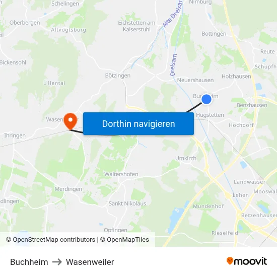 Buchheim to Wasenweiler map