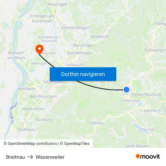 Breitnau to Wasenweiler map