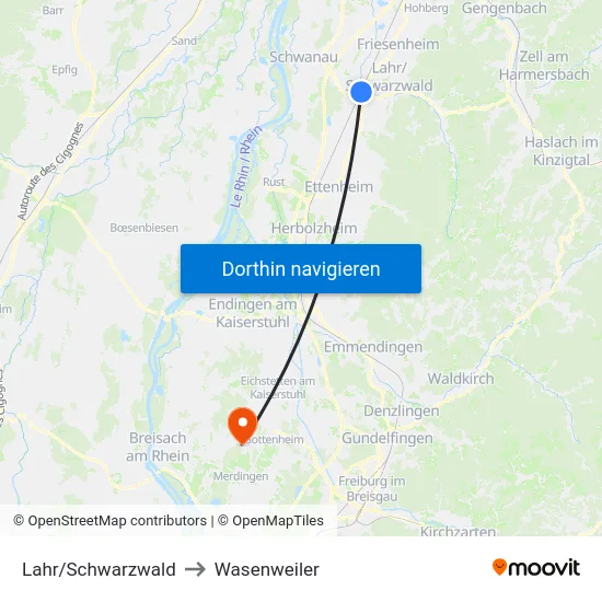 Lahr/Schwarzwald to Wasenweiler map