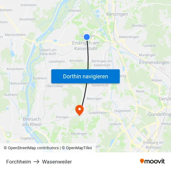 Forchheim to Wasenweiler map