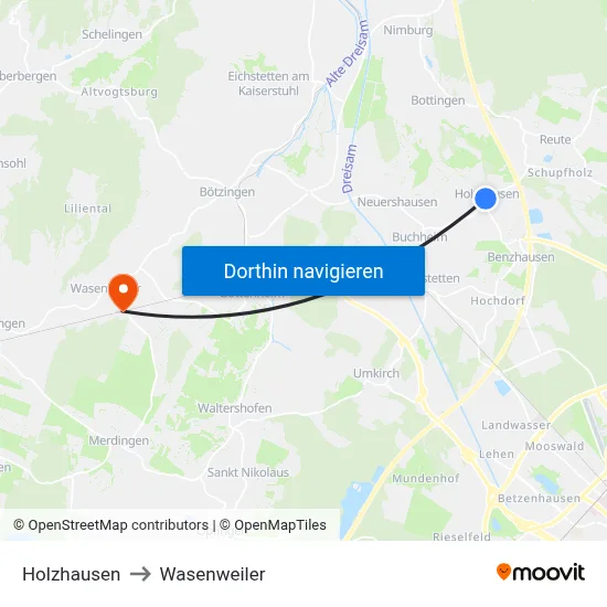 Holzhausen to Wasenweiler map