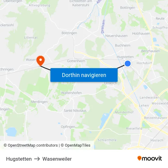 Hugstetten to Wasenweiler map