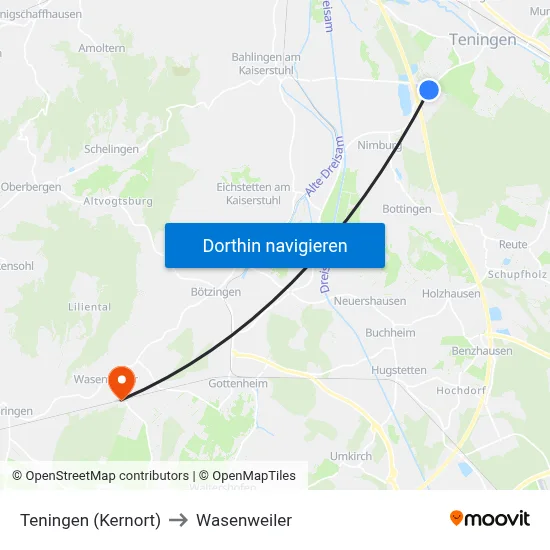 Teningen (Kernort) to Wasenweiler map