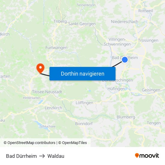 Bad Dürrheim to Waldau map