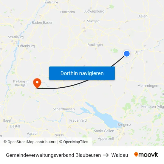 Gemeindeverwaltungsverband Blaubeuren to Waldau map