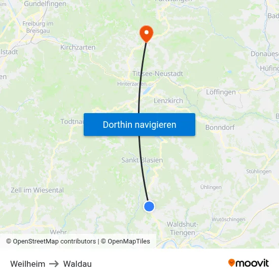 Weilheim to Waldau map