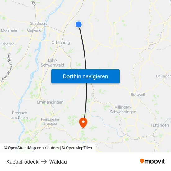 Kappelrodeck to Waldau map