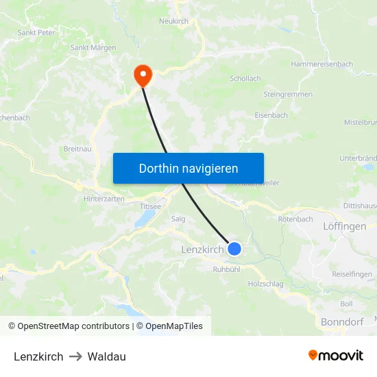 Lenzkirch to Waldau map