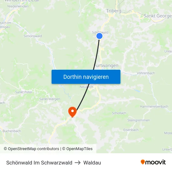 Schönwald Im Schwarzwald to Waldau map
