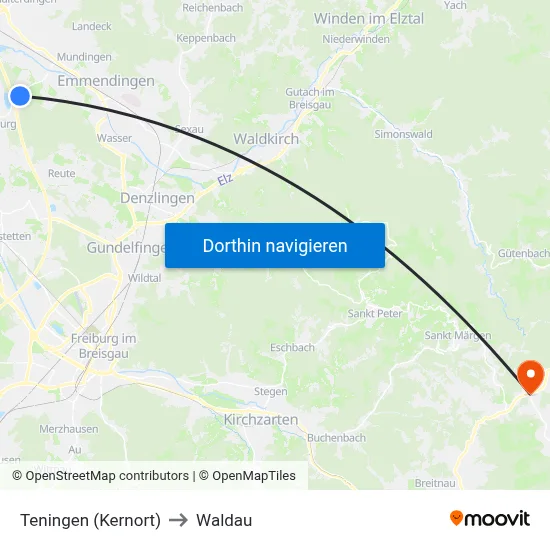 Teningen (Kernort) to Waldau map