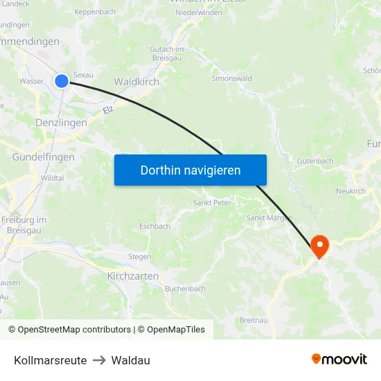 Kollmarsreute to Waldau map
