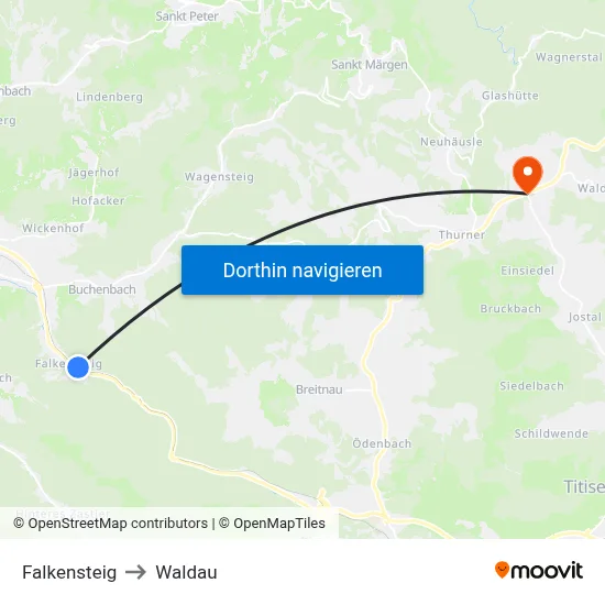 Falkensteig to Waldau map